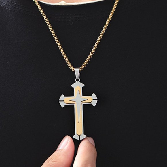 ❤️Gold and Silver HipHop Cross Necklace Religious, N90201P101 - Picture 5 of 7